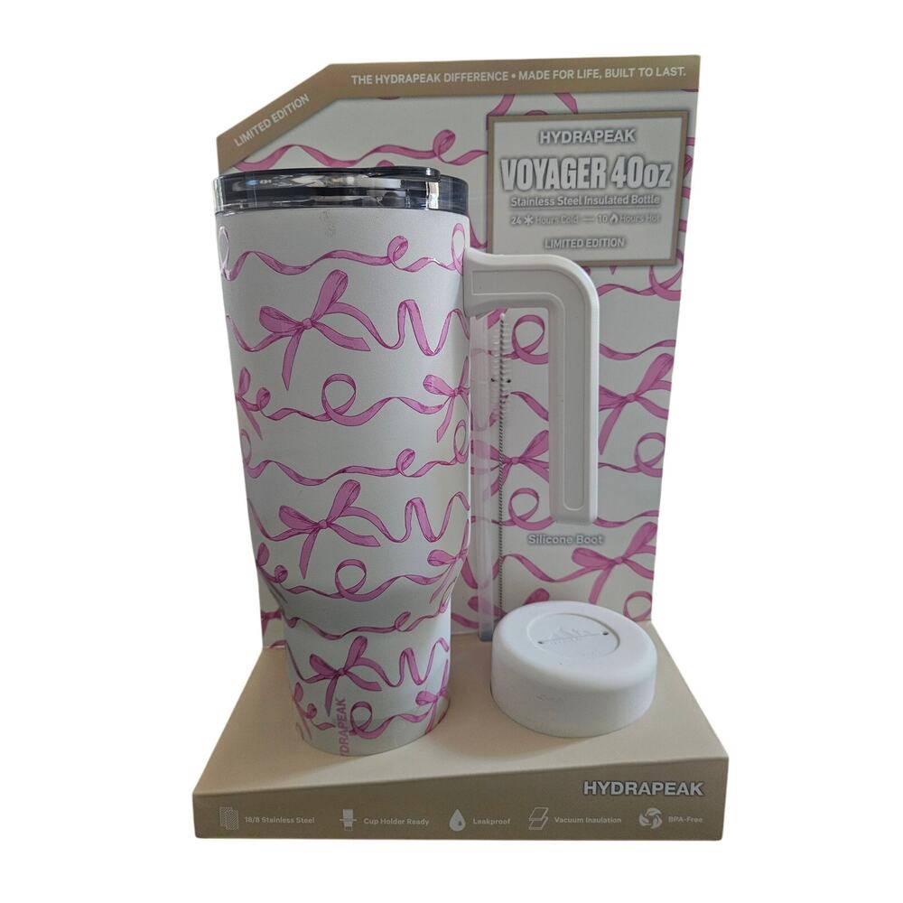 Hydrapeak 40 oz Stainless Insulated Pink Bow Travel Tumbler Limited Edition Mug